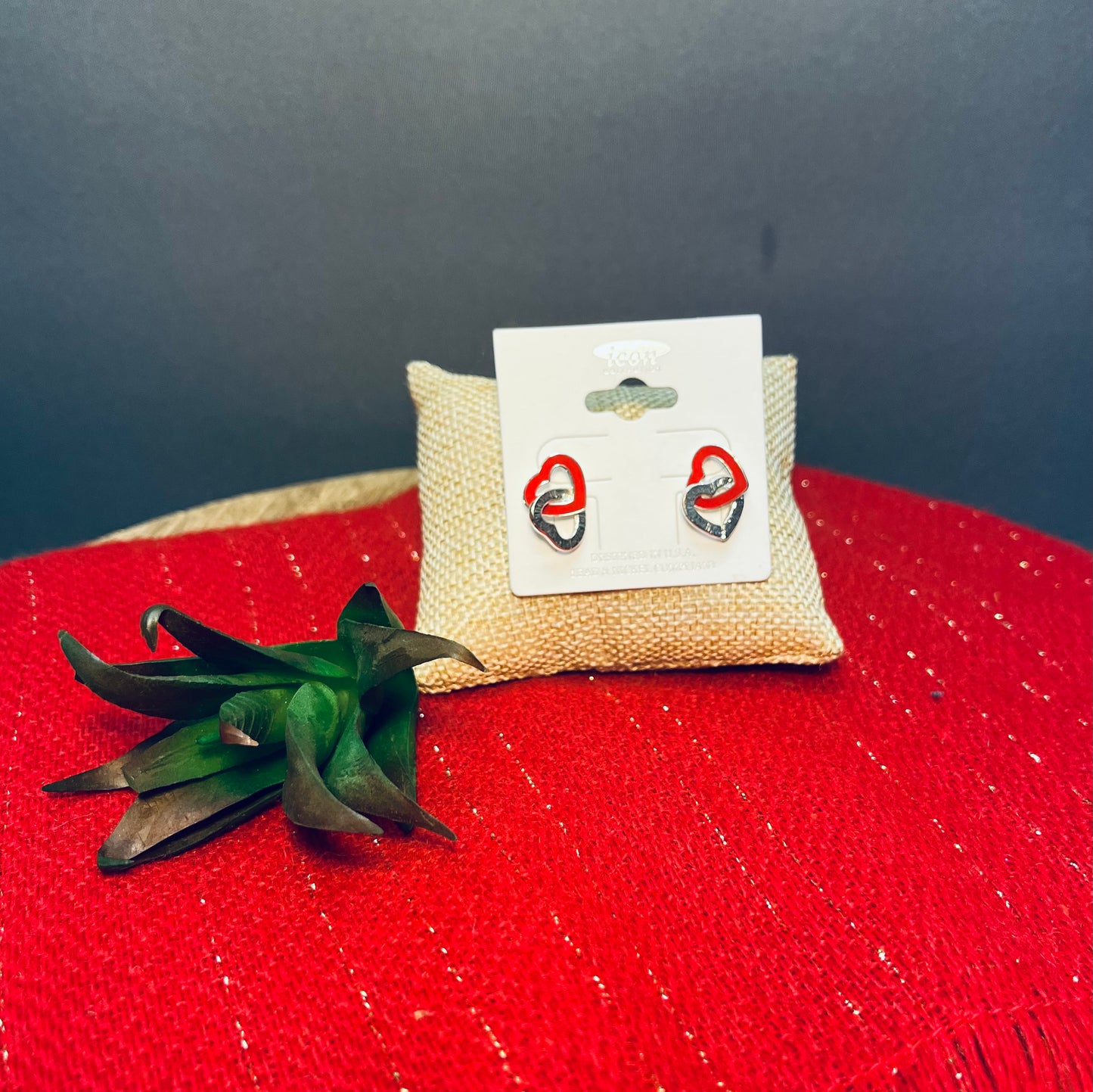 Silver and red double heart earrings