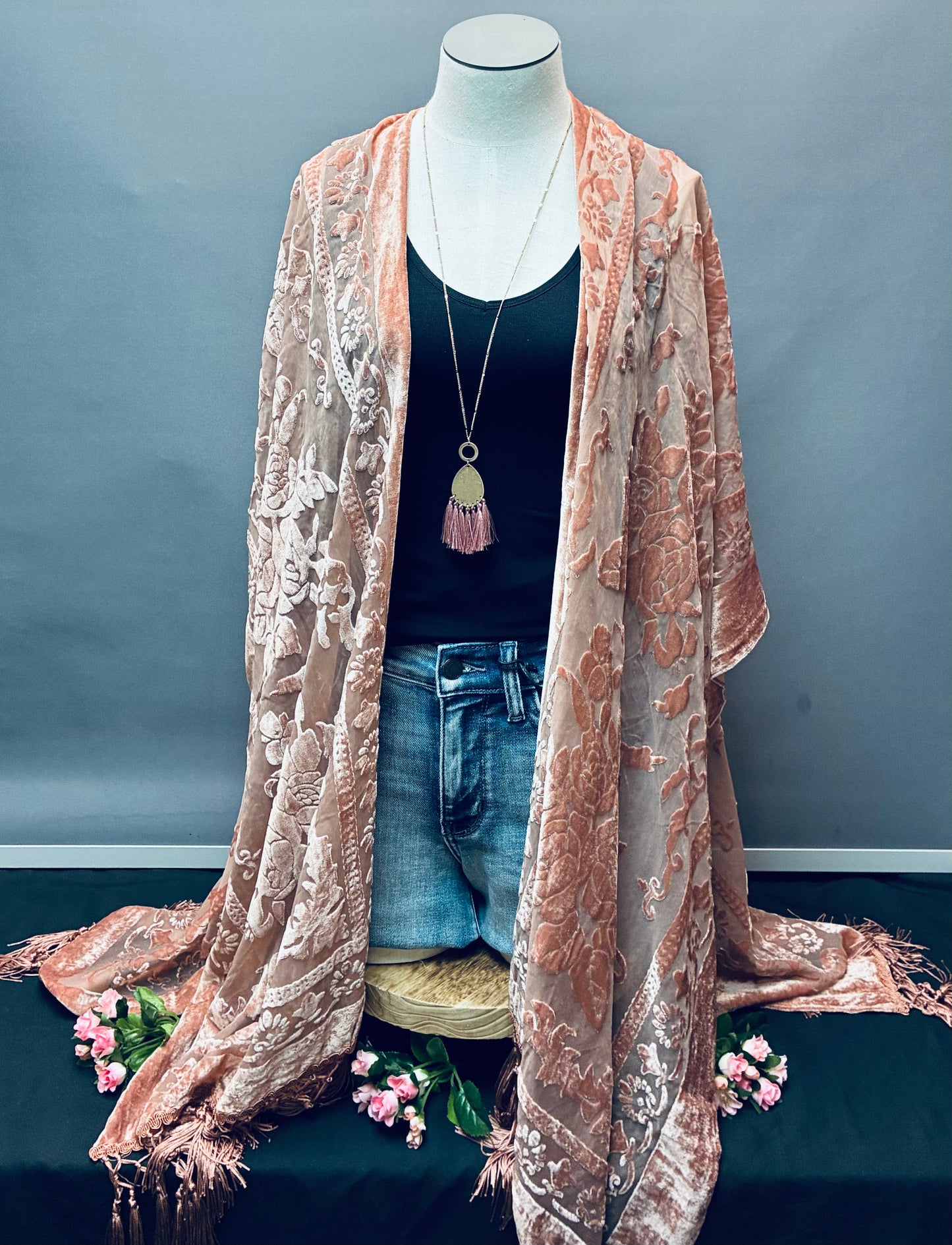 Mauve velvet & mesh kimono with tassels one size