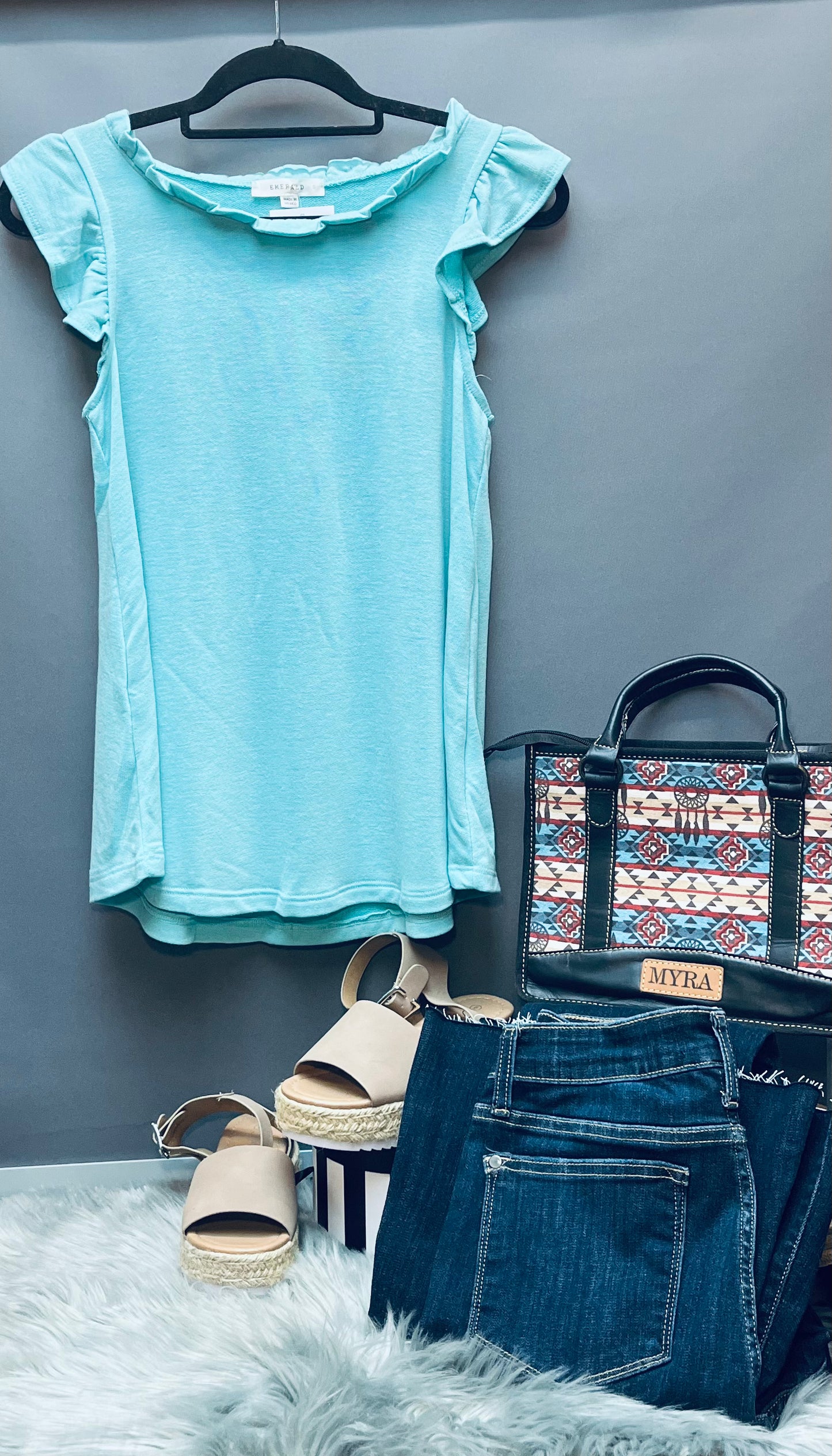 Mint ruffle neck top