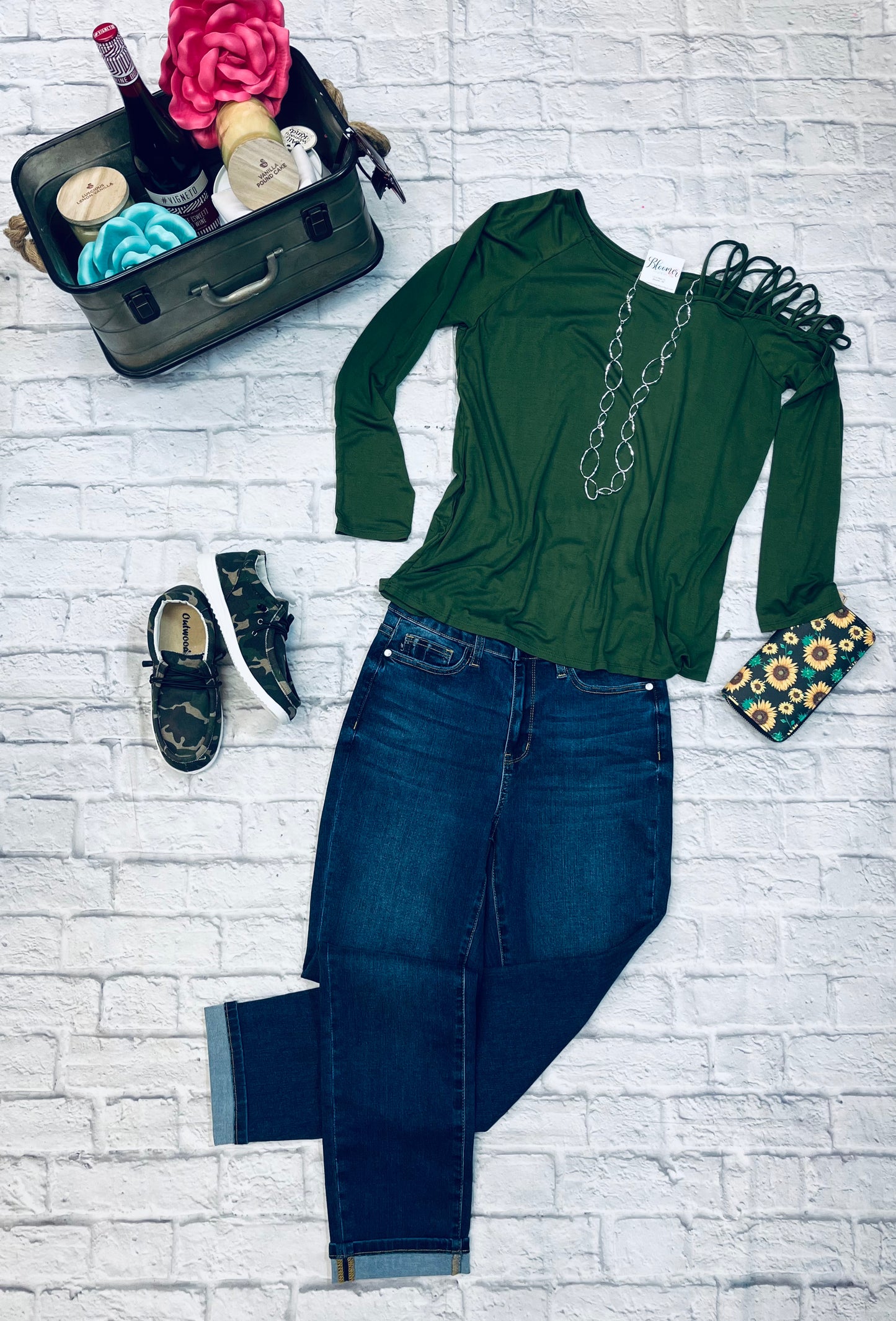 Dark green top with strappy shoulder