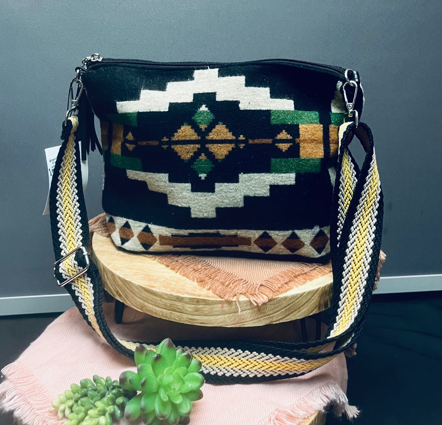 Green and orange geo print purse