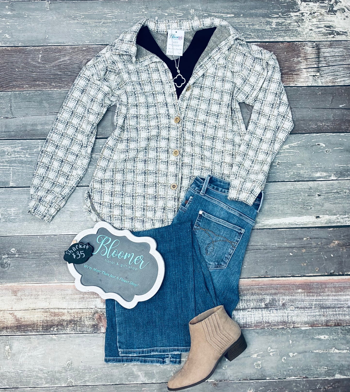 White and tan heathered shacket