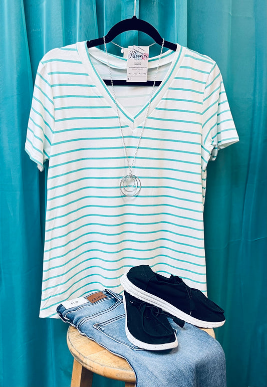 White v-neck t-shirt with mint stripe