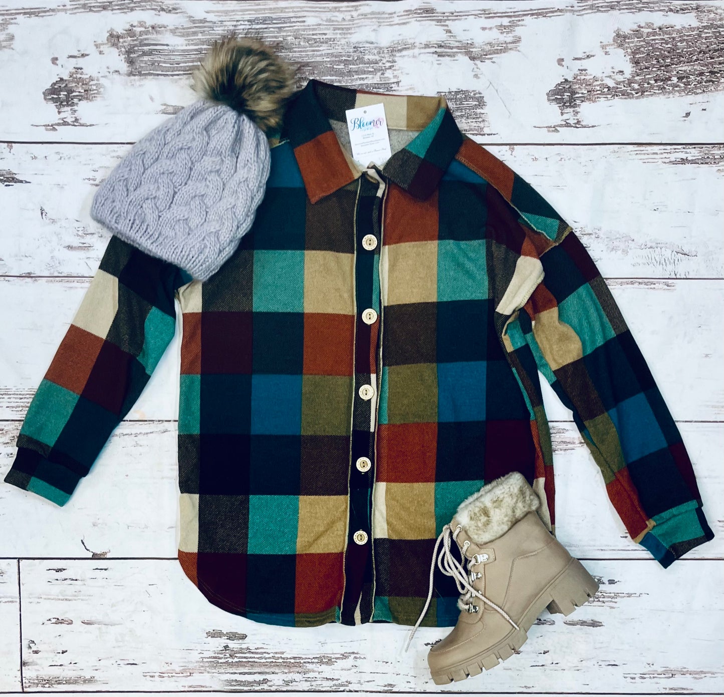 Teal and orange plaid shacket