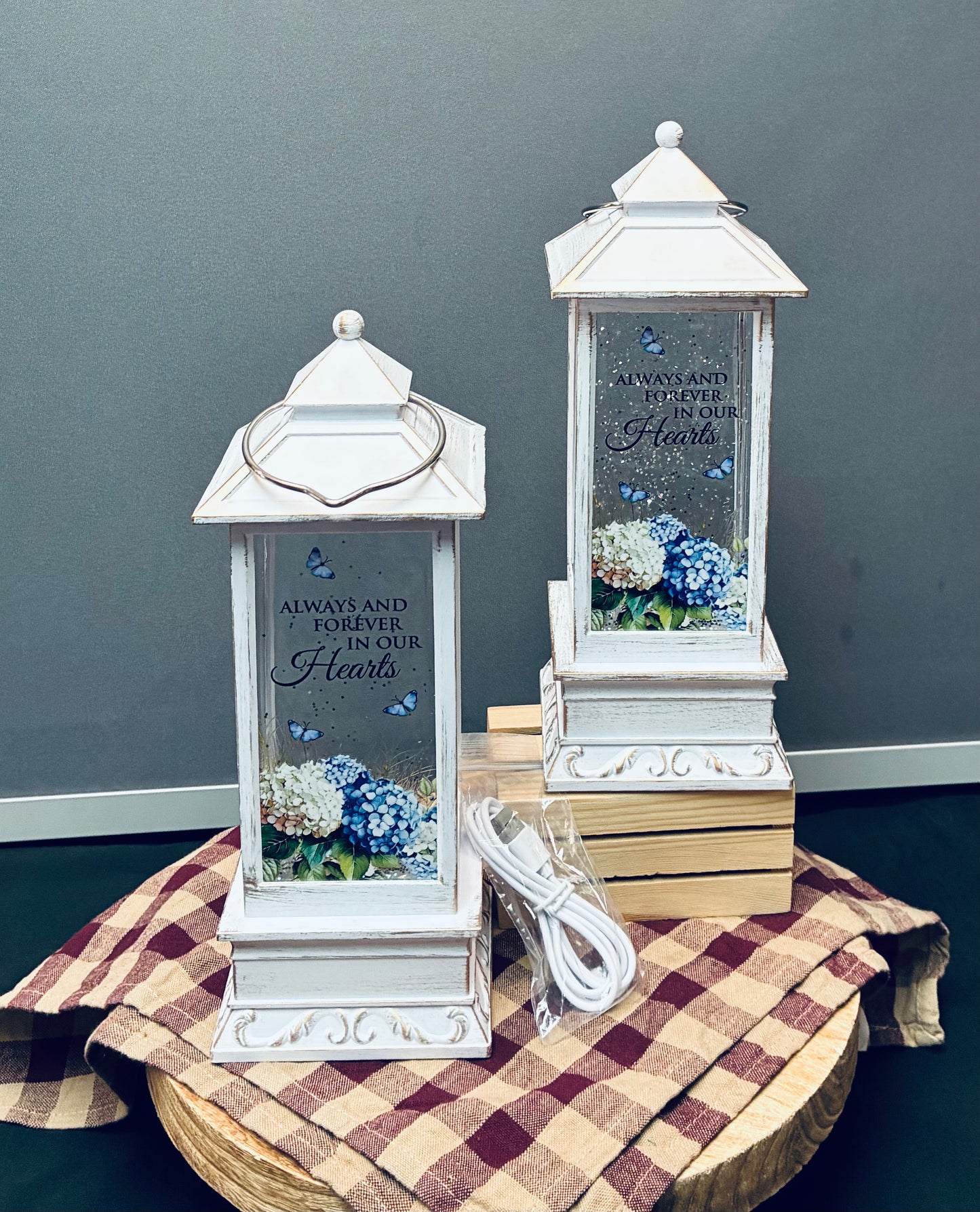 Always & forever in our hearts snow globe lantern battery or USB