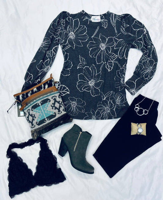 Charcoal wavy rib top with floral print