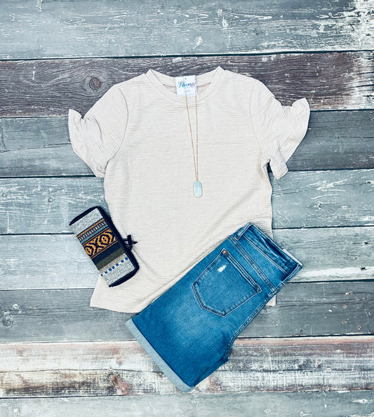 Khaki crepe top with ruffle sleeves