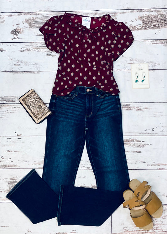Burgundy print tulip sleeve top with front tie