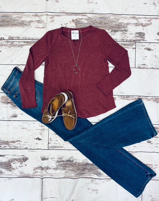 Burgundy long sleeve French terry top