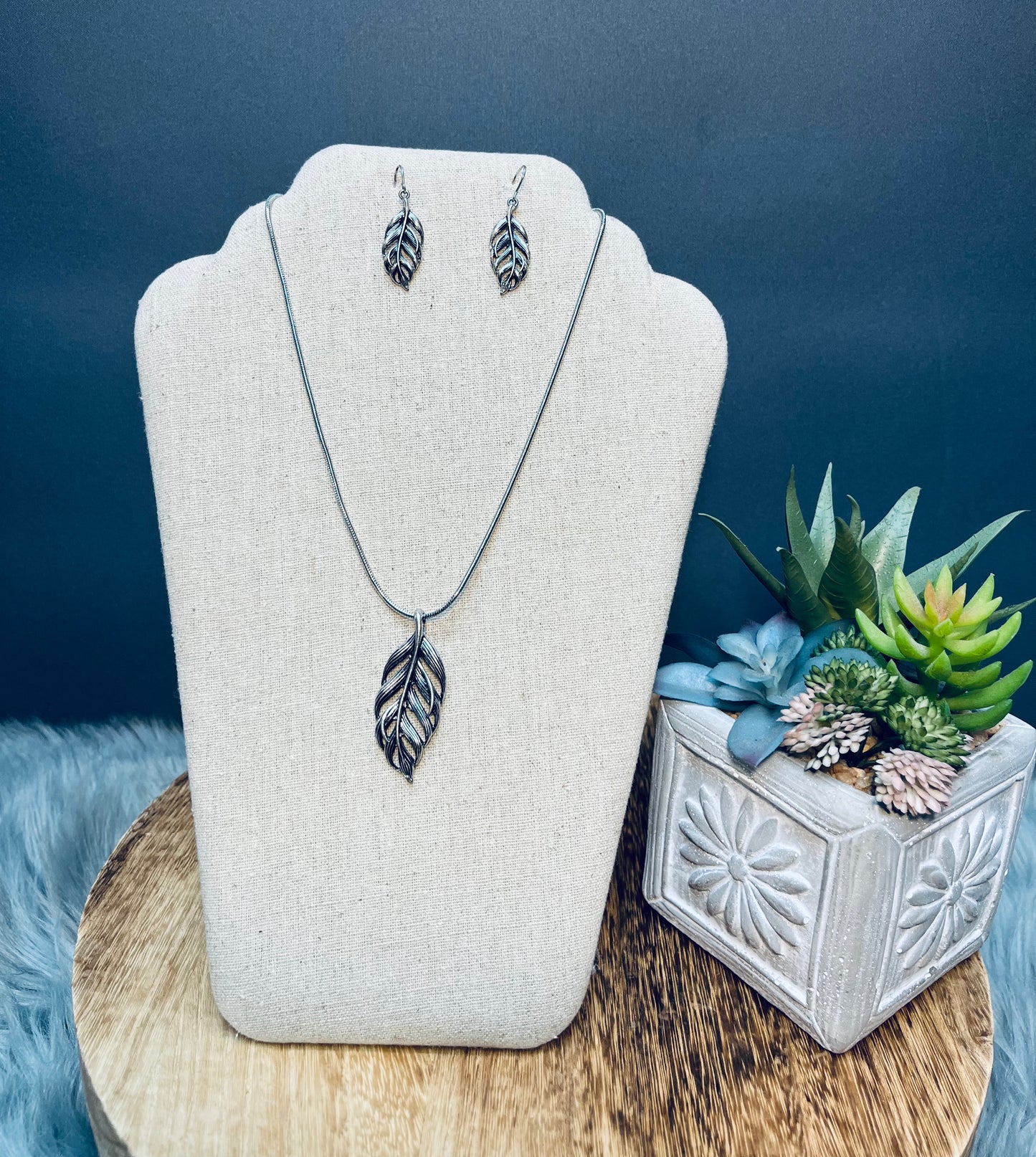 Silver leaf necklace and earrings