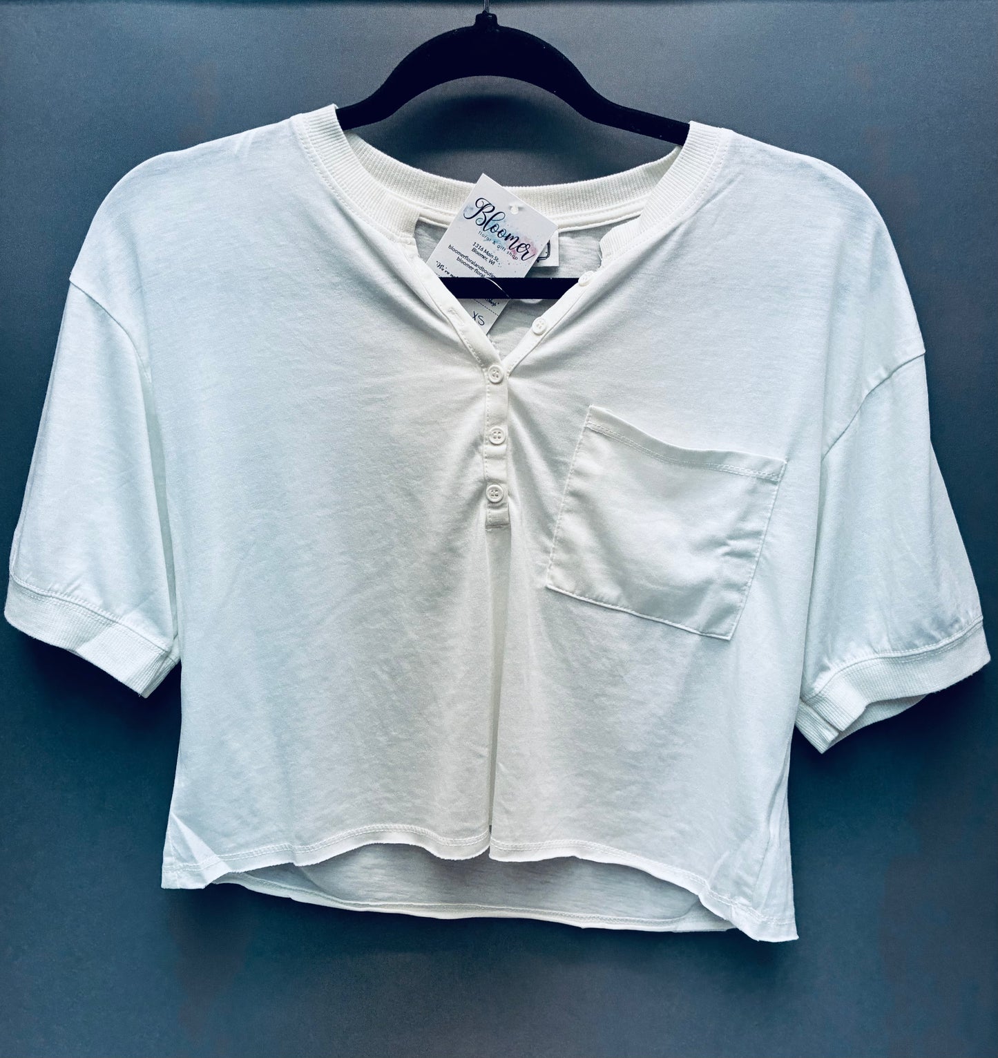 Cropped white Henley tee with buttons