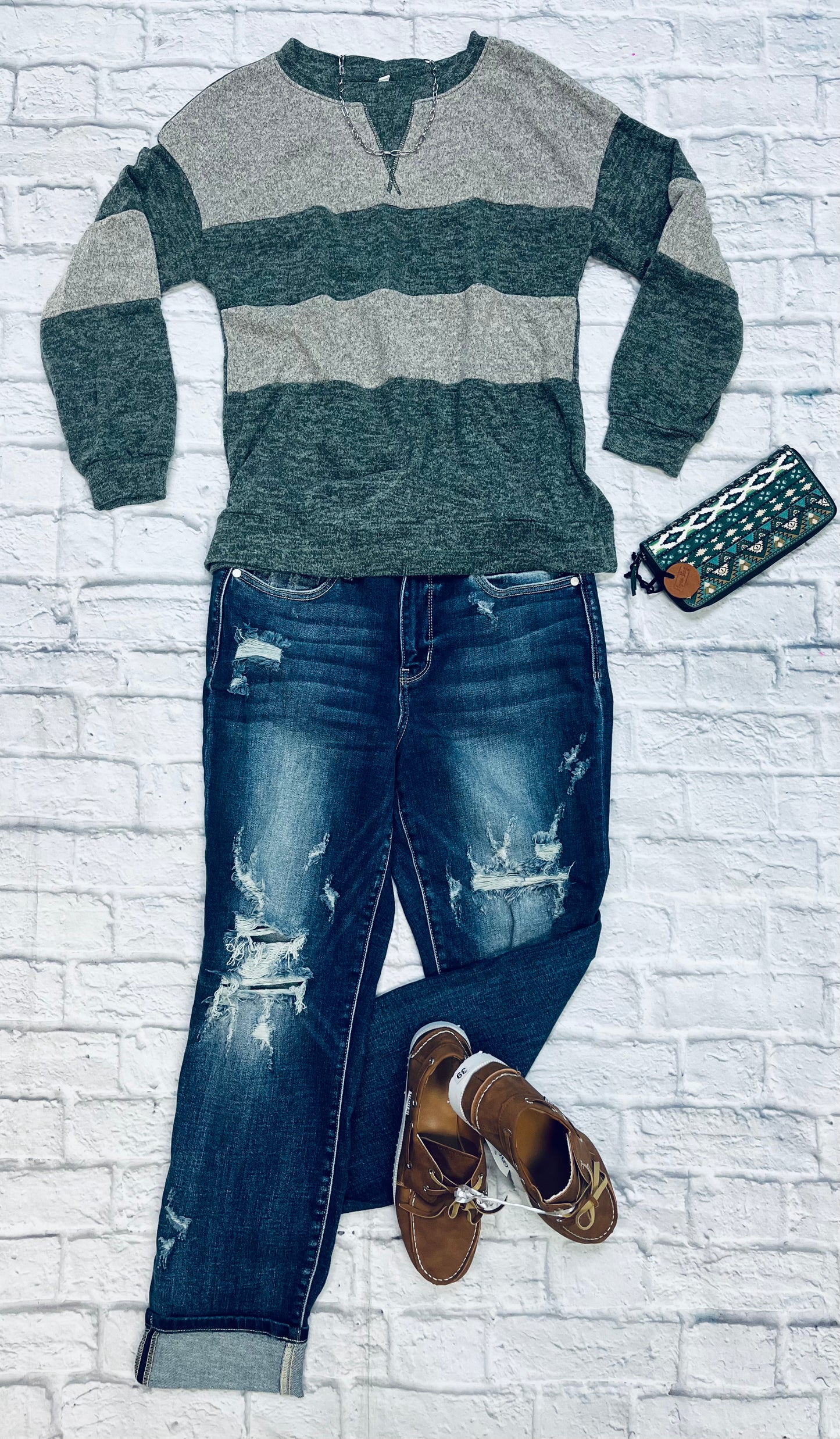 Gray and green striped pullover