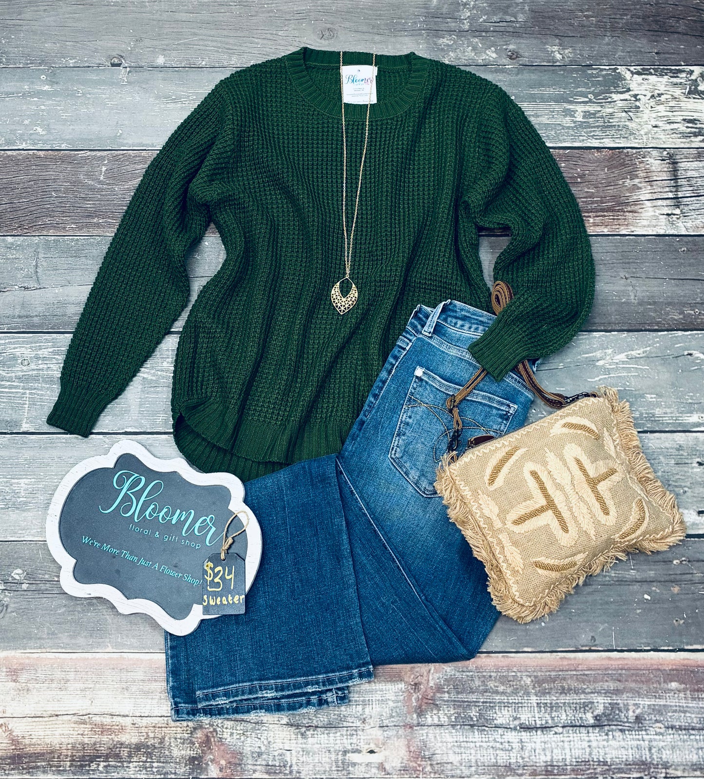 Army green waffle knit sweater