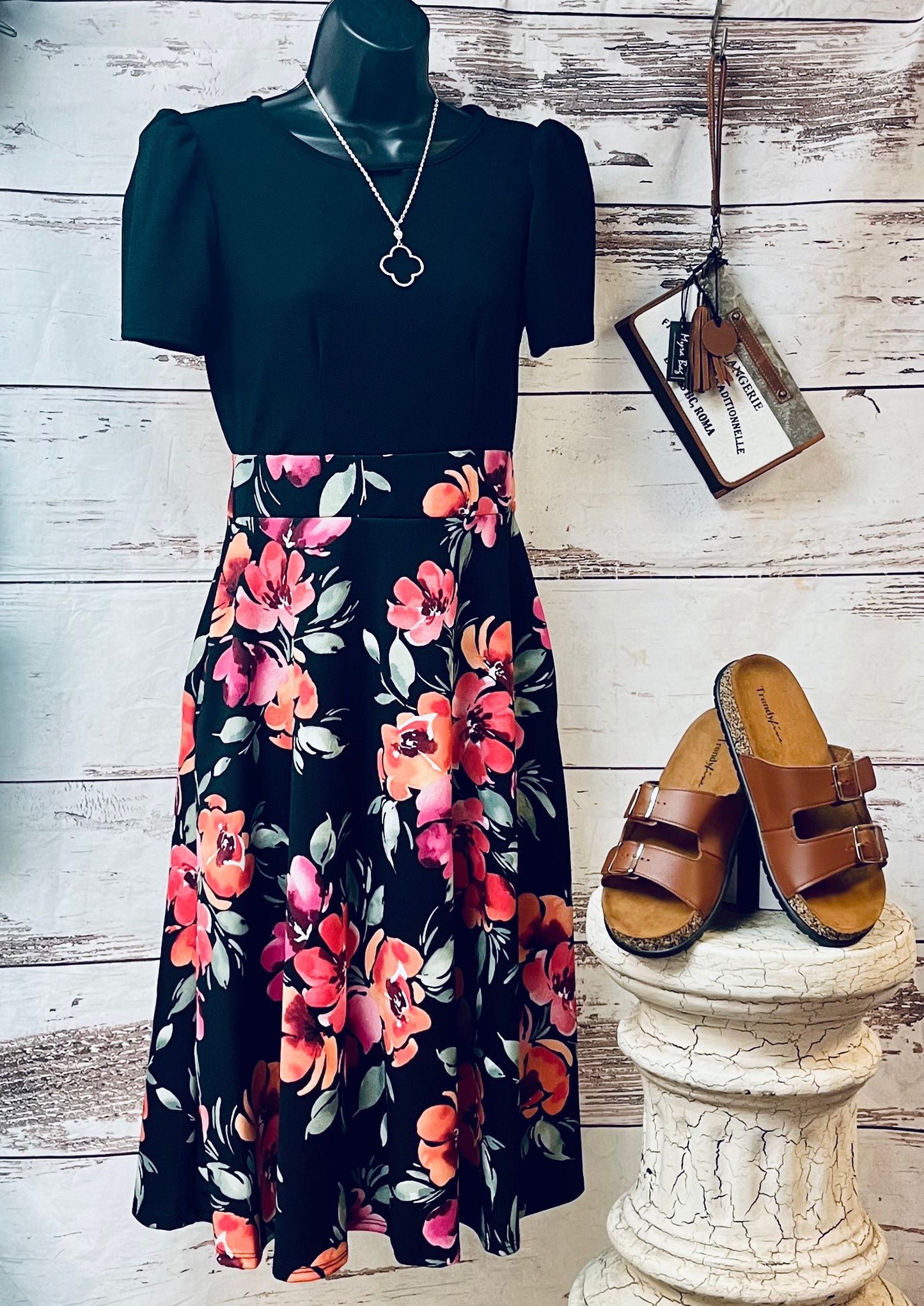 Black & Floral color block dress