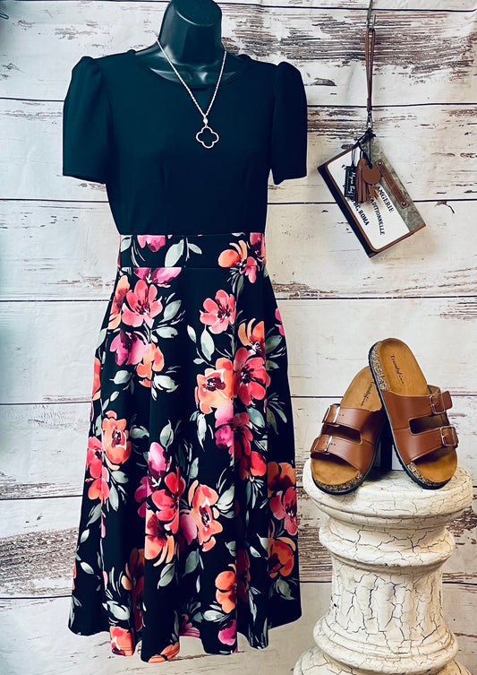 Black & Floral color block dress