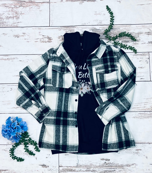 Black and white flannel shacket