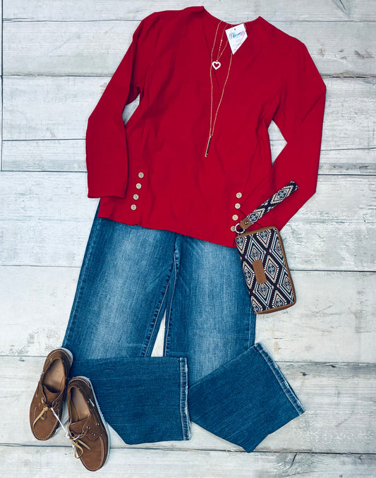 Red v neck with buttoned slits