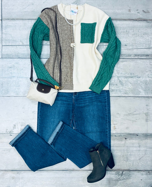 Color block cream, teal, brown sweater