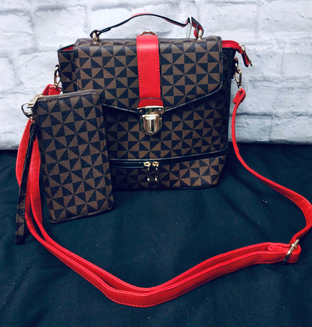 ??LUXIE: BROWN Checkered Backpack + Wallet Luxie Collection Purse and Wallet Brown and Red – Bloomer  main image 2