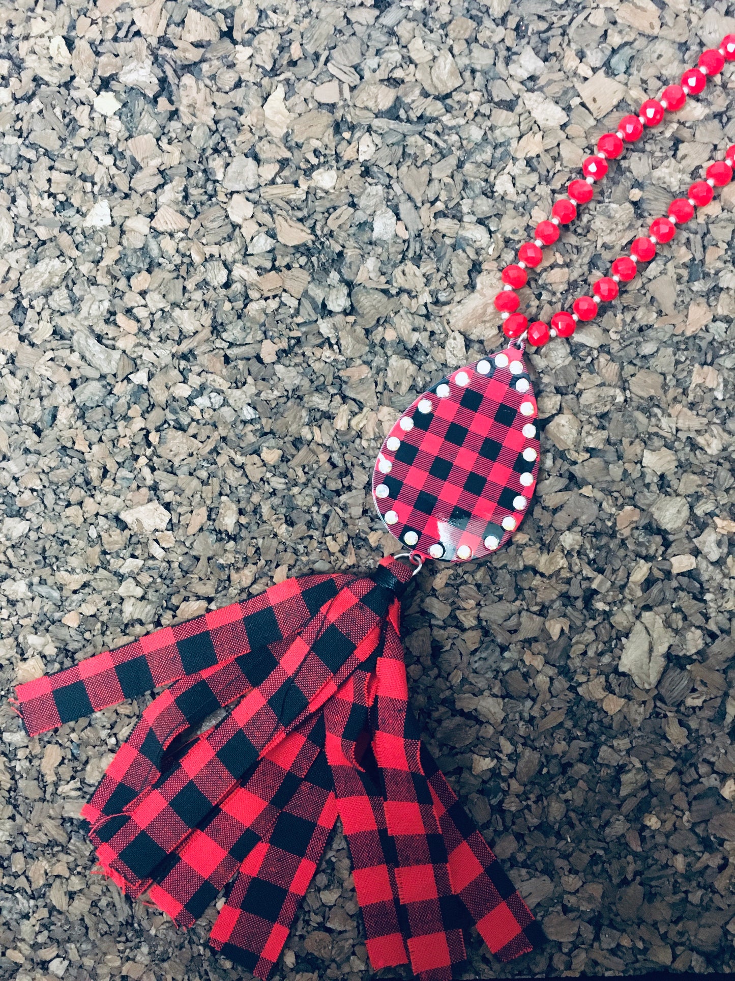 Long red Buffalo plaid necklace